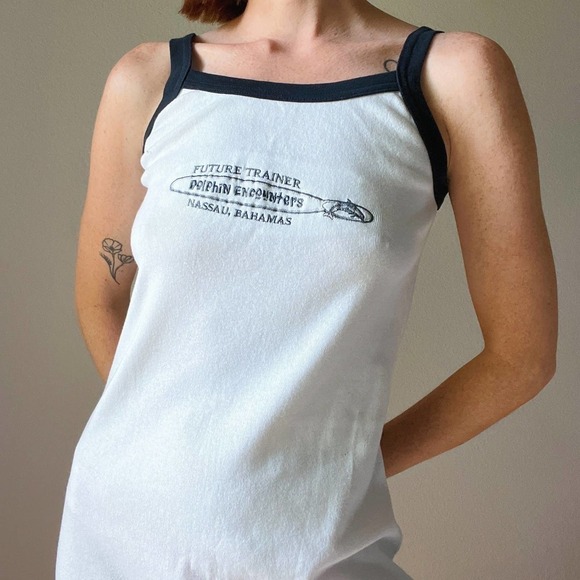 Y2K White Dolphin Encounters Bahamas Embroidered Tank Top Dress - Picture 2 of 6